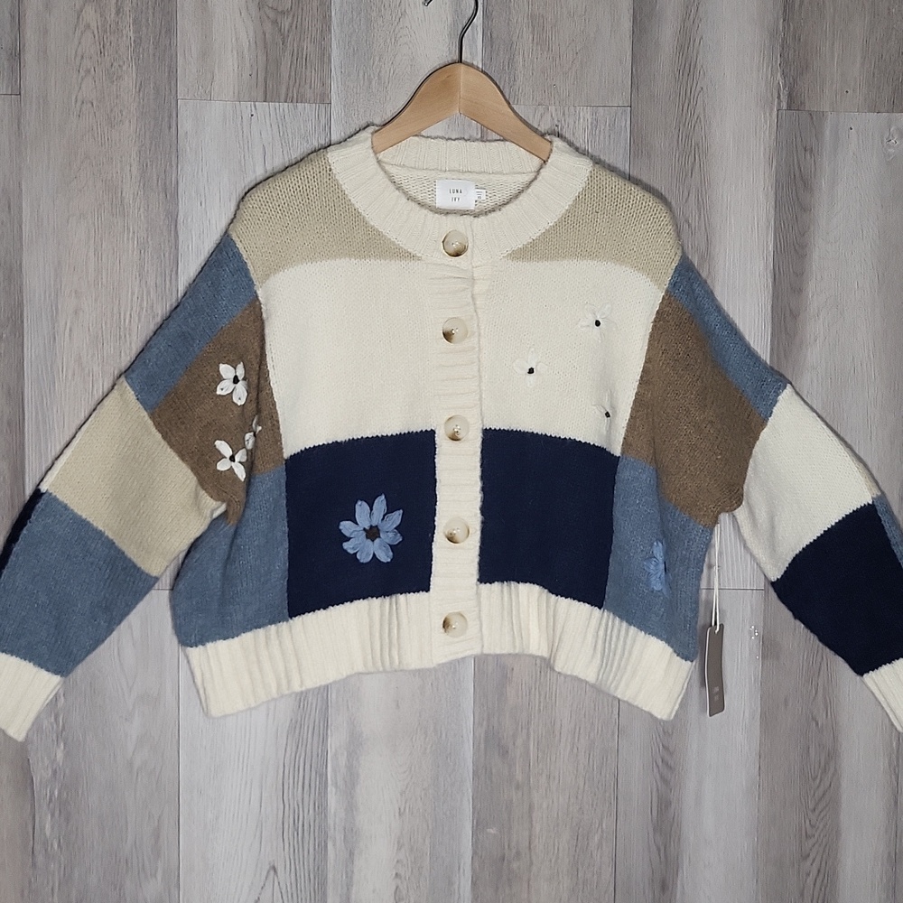 Luna Ivy Anthropologie Women XS Oversized‎ Cardigan Knit Patchwork Floral NWT